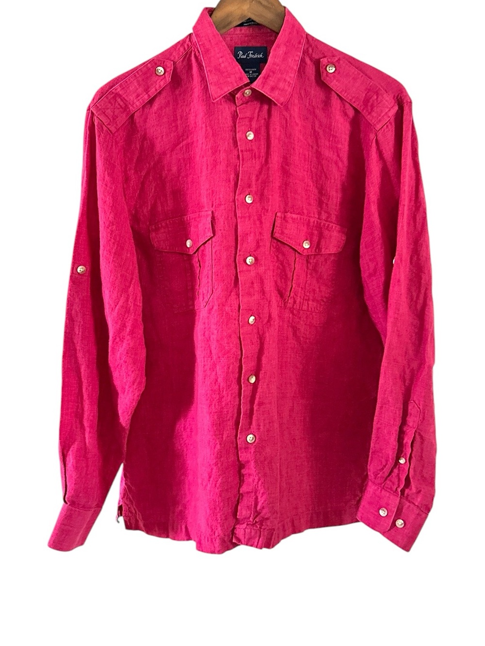 Paul Fredrick Fuchsia Pink 100% Linen Epaulet Roll-Tab Shirt M EUC
